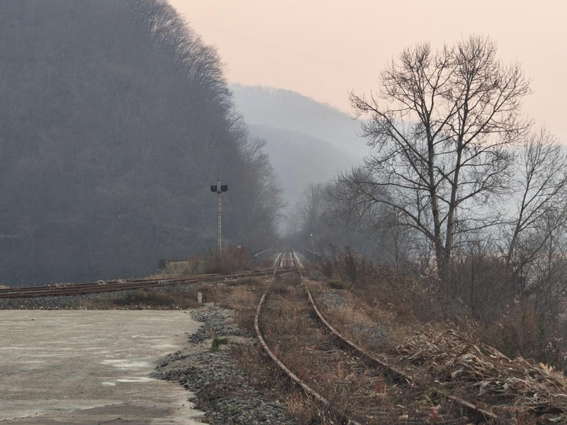 红石湖氢能观光列车预设轨道。实习生 王思皓摄